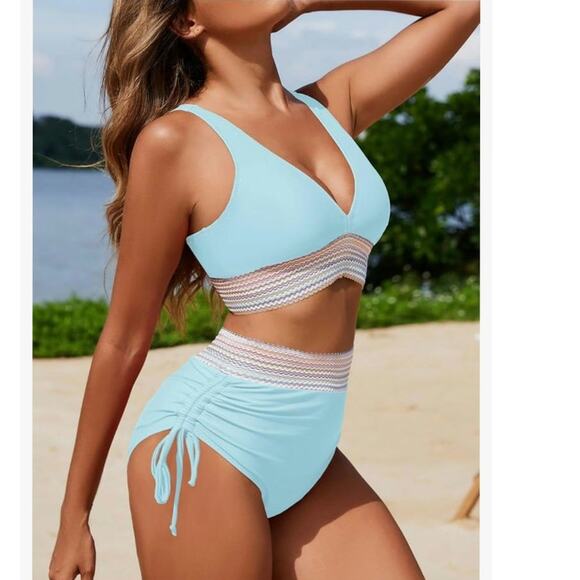 Zuvebamyo Women Size Medium Blue High Waisted 2 Pc Tummy Control Bikini Set S1 - Picture 3 of 8